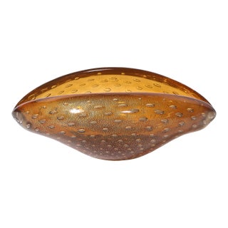Mid-Century Hand-Blown Murano Amber Bullicante Glass Dish W/ 24kt Gold Flecks For Sale