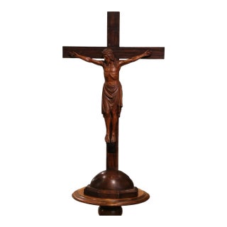 Early 20th Century French Carved Oak Free Standing Crucifix Signed Dated 1923 For Sale