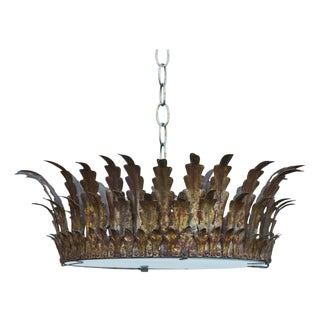 Mid 20th Century Spanish Gilt Metal Semi-Flush Crown Chandelier with Curving Foliage For Sale