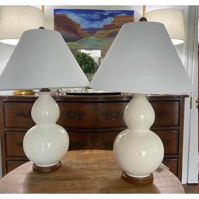 Ceramic Ralph Lauren Off White Crackle-Glaze Double-Gourd Lamps, a Pair For Sale - Image 7 of 7