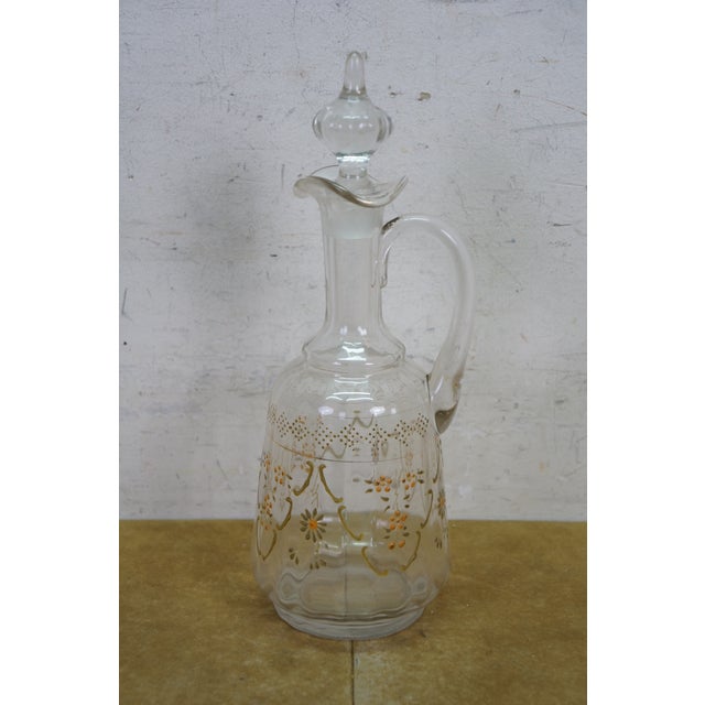 Glass Antique Victorian Bohemian Enameled Decanter & 6 Cordial Goblet Glasses 12" For Sale - Image 7 of 18
