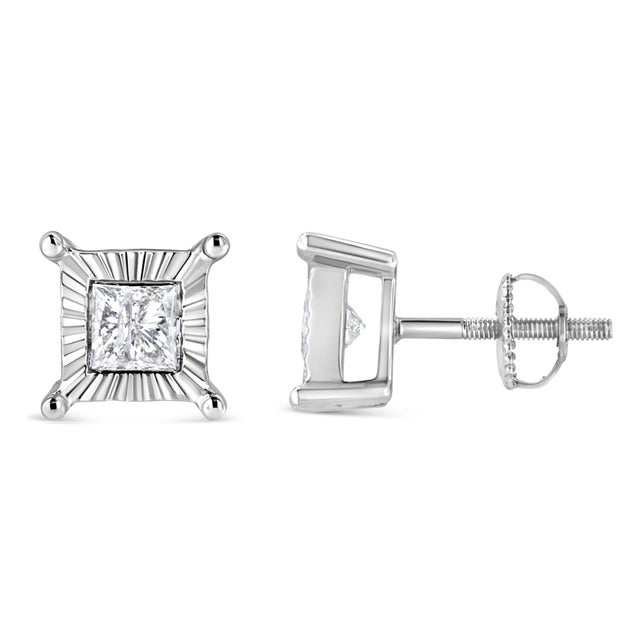 Contemporary .925 Sterling Silver 1.0 Cttw Miracle Set Princess-cut Diamond Solitaire Stud Earrings (H-I Color, I2-I3 Clarity) For Sale - Image 3 of 7