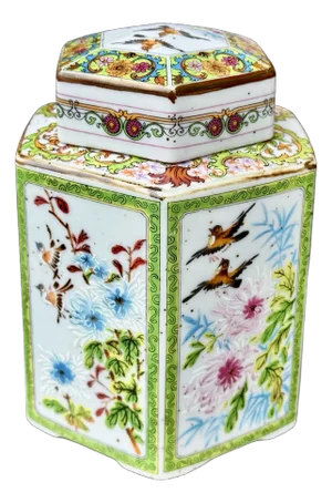 Vintage Chinese Mid-Century Modern Famille Rose Hexagonal Ginger Jar Tea Caddy With Lid