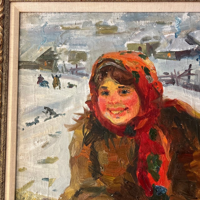 20th Century Oil on Canvas Impressionist Style Titled as Peasant Girl in a Red Shawl by Fedot Vasilievich Sychkov ( 1870-1958) Framed For Sale In Washington DC - Image 6 of 11