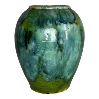 1970s Turquoise and Yellow Green Studio Ceramic Vase For Sale