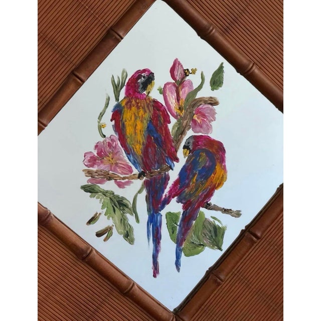 Mid-Century Modern Vintage Bamboo & Woven Rattan Wall Mirror With Hand-Painted Tropical Parrots For Sale - Image 3 of 8