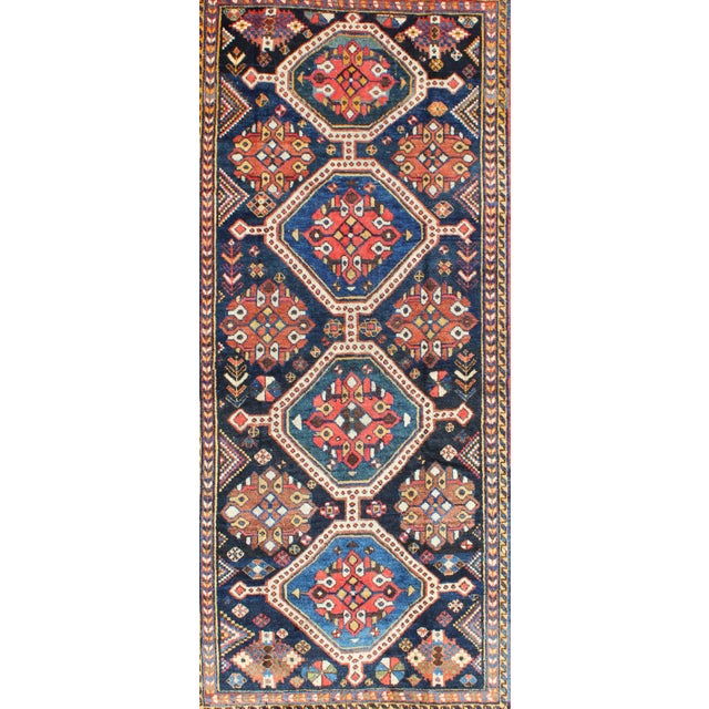 Antique Persian Qashqai Rug With Four-Medallion Design in Blue, Red, Brown Tones 4'1 X 8'3 For Sale - Image 4 of 11
