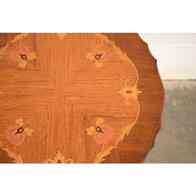 Wood Romweber Style French Provincial Louis XV Carved Walnut and Satinwood Inlaid Marquetry Side Tables, Pair For Sale - Image 7 of 12