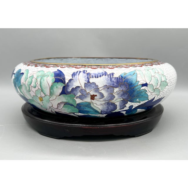 Royal Blue Large Cloisonné Floral Bowl With Peony Motif on Carved Wood Stand — Chinoiserie / Asian Traditional For Sale - Image 8 of 18