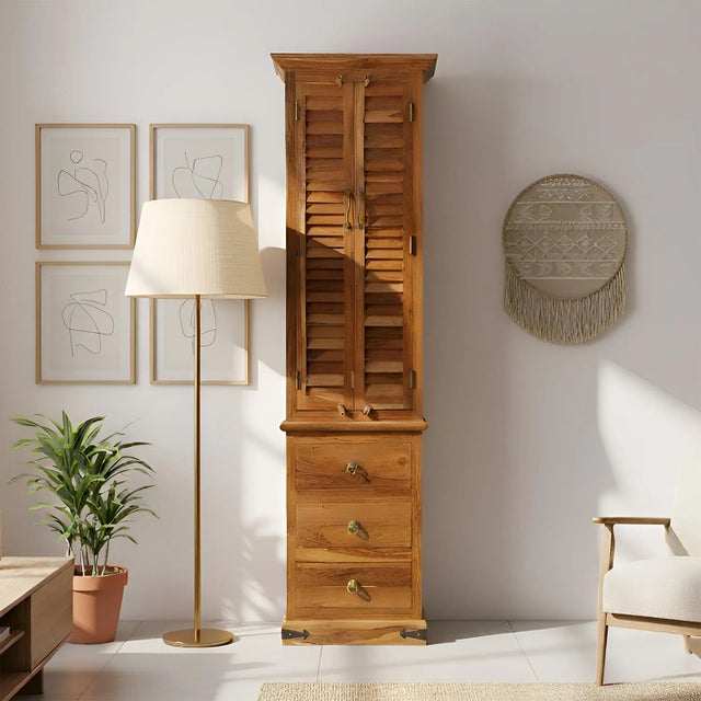 1990s Vintage 84" Tall Louvered Shutter Armoire | Rustic Solid Wood Wardrobe With 3 Drawers | Hand Carved Farmhouse Bedroom Closet Storage For Sale - Image 5 of 5