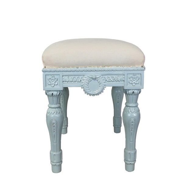 Vintage Neoclassical-Style, Hand-Carved, Upholstered Stool. For Sale - Image 4 of 8