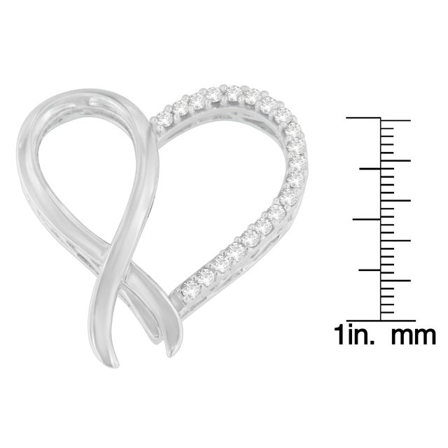 Contemporary .925 Sterling Silver 1/4 cttw Round Cut Diamond Ribbon and Heart Accent Pendant Necklace (H-I, I2-I3) For Sale - Image 3 of 3