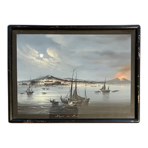 Antique 19th Century Italian Grand Tour Neapolitan Gouache Painting of the Bay of Naples and Mount Vesuvius Erupting at Night