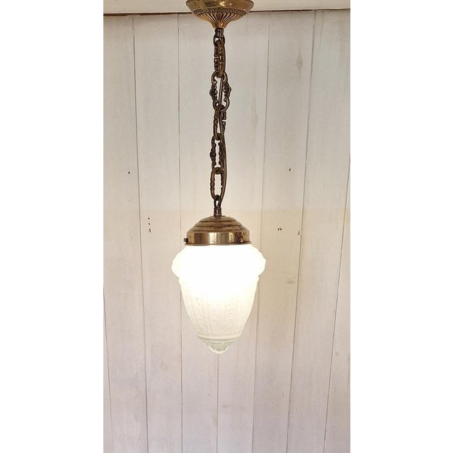 Antique French Teardrop Lamp with Frosted Relief Glass Shade on Brass Mount, 1900s For Sale - Image 5 of 9