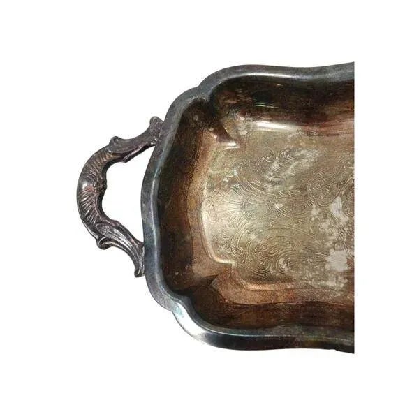 Victorian Antique Leonard 11" Serving Tray Footed Handles Silverplate Patina Aged Vintage For Sale - Image 3 of 16