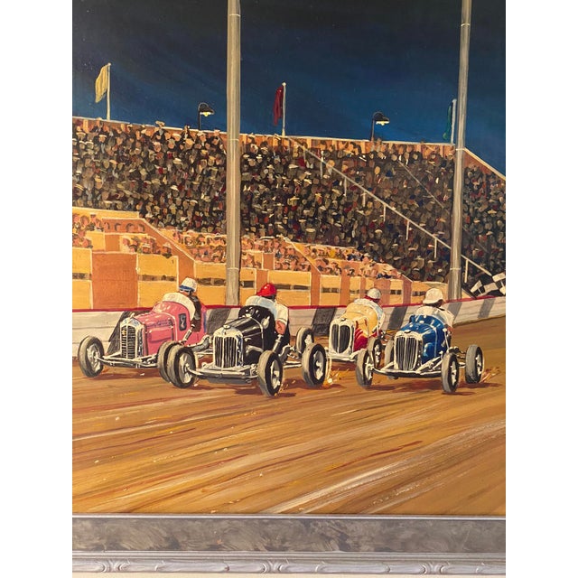 Oil Painting G. Fox Car Race Circa 1930, Framed For Sale - Image 9 of 12
