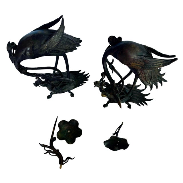 Metal Meiji Early 20th Century Japanese Shokudai Bronze Candlestick Antique Metal Crane Bird Tortoise Animal Lotus For Sale - Image 7 of 8