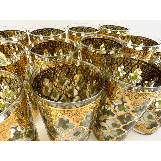 Vintage Mid Century Culver Gold and Green Moroccan Highball Glasses, Set of 12 For Sale - Image 9 of 14