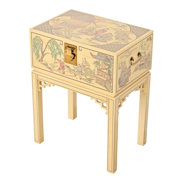 Drexel Heritage Hollywood Regency Chinoiserie Hand-Painted Cream Lacquered Chest on Stand For Sale