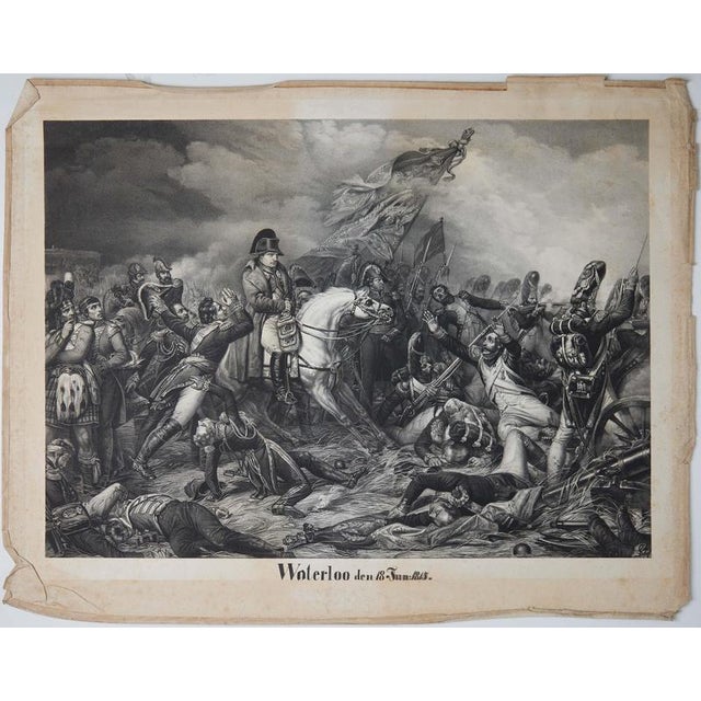 Large Mezzotint of Napoleon at the Battle of Waterloo German Print, c1850 A dramatic large-format mezzotint depicting...