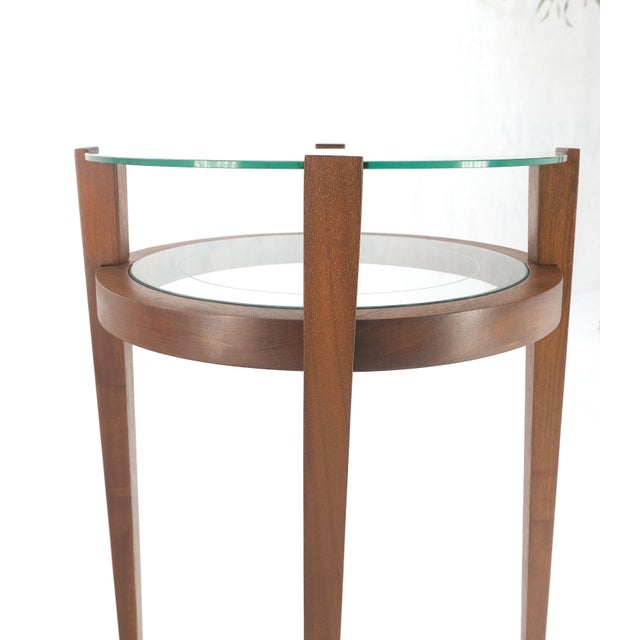 Adrian Pearsall Pair Two Tier Glass Top Shelf Oiled Walnut Round End Side Occasional Table MINT For Sale - Image 4 of 9
