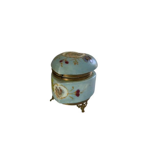 French Antique French Enameled Opaline Gilt Ormalu Hand Painted Courting Scene Trinket Box C1900 For Sale - Image 3 of 10