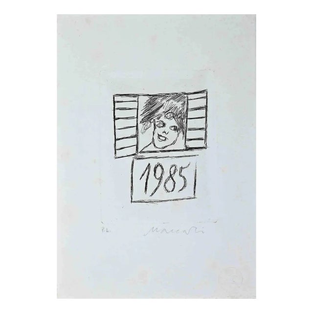 Mino Maccari, Happy 1985, Original Etching, 1985 For Sale