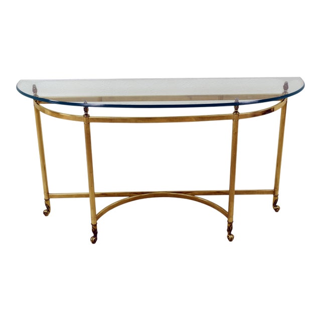 La Barge Neoclassical Demilune Brass and Glass Hooved Feet Entry Sofa Console Table, Circa 1960s For Sale