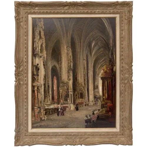 Interior of Cathedral of St. Stephanus, Oil on Board, 20th Century For Sale - Image 4 of 4