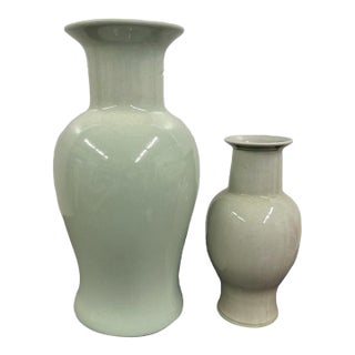 Vintage Chinoiserie Monochrome Celadon Ceramic Baluster Vases - Pair For Sale