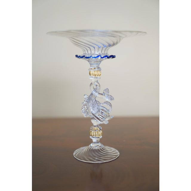 Italian Vintage Venetian Murano-Style Dolphin Stem Glass Compote With Cobalt Rim For Sale - Image 3 of 11