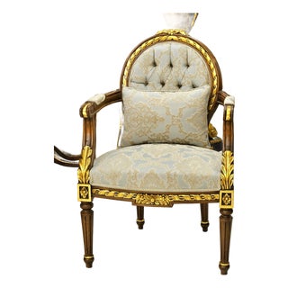 French Louis XVI Damask Accent Armchair With Hand-Carved Wood Frame & Gold Leaf Details For Sale