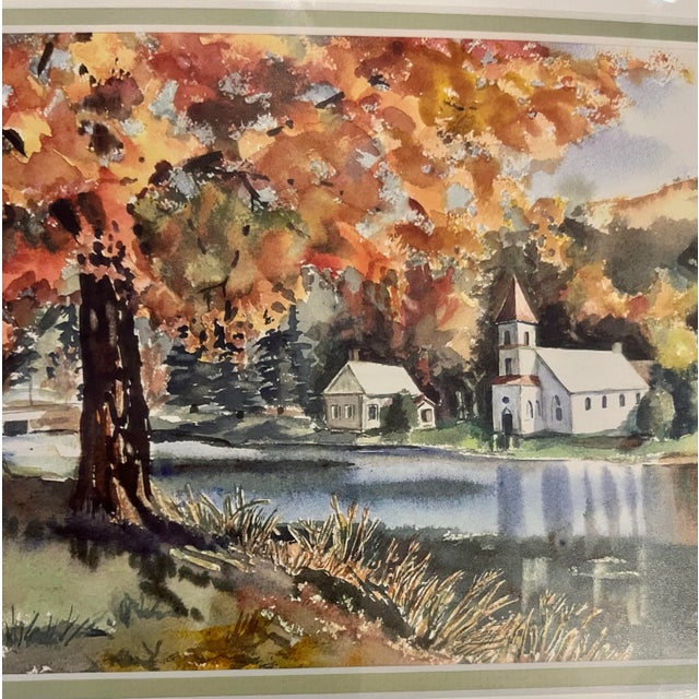 1990s 1997 Watercolor by Susan Mangano Thirolle of a Small Church & a House by the Water in Autumn For Sale - Image 5 of 8