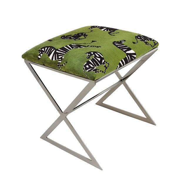Worlds Away Matthew Izzo Home - X Side Stool in Green Zebra Upholstery and Polished Nickel Base For Sale - Image 4 of 4