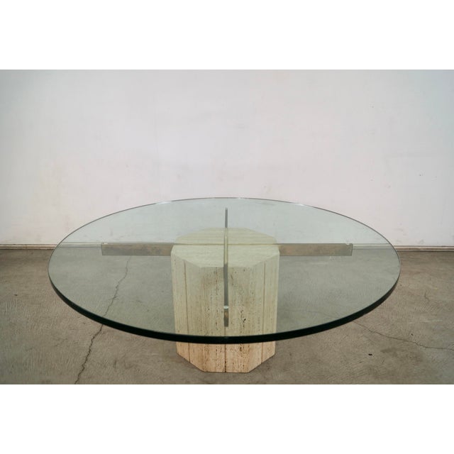 Postmodern 1970’s Hollywood Regency Artedi Style Travertine & Brass Coffee Table For Sale - Image 3 of 12