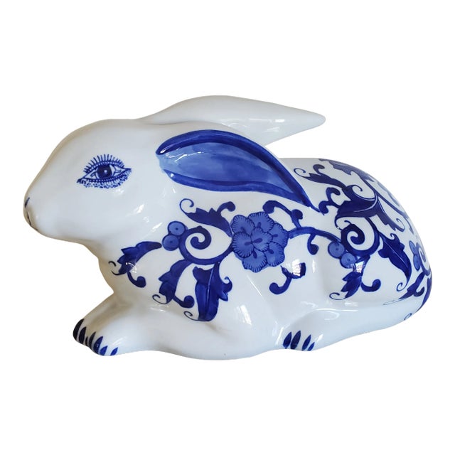 Vintage Blue & White Porcelain Rabbit Figurine For Sale
