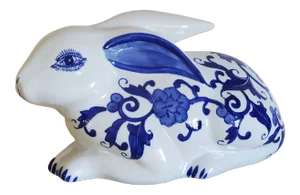 Vintage Blue & White Porcelain Rabbit Figurine
