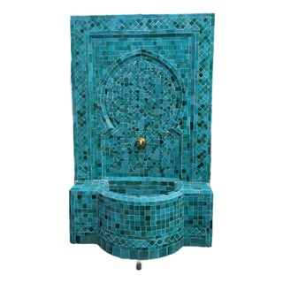 Emerald Teal Handmade Moroccan Mosaic Tile Fountain For Sale