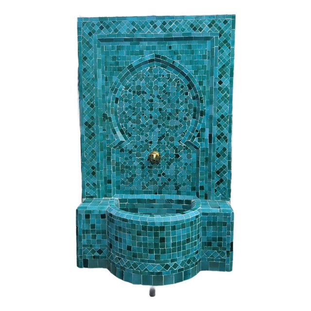 Emerald Teal Handmade Moroccan Mosaic Tile Fountain For Sale