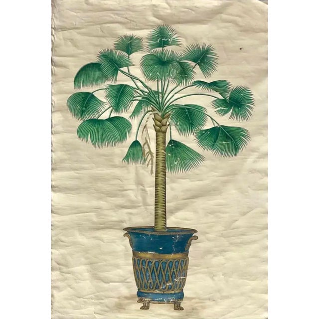 A large Set of Two Palm Tree Paintings on canvas in Decorative Urns. Each features botanical paintings depicting a...