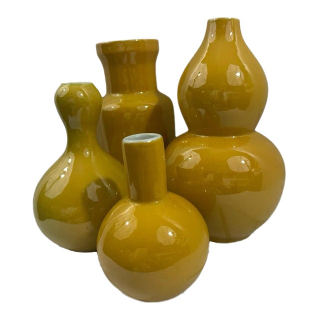Set of 4 Chinese Porcelain Vases Mustard Yellow Glaze, Double-Gourd and Bottle Forms, Unmarked For Sale