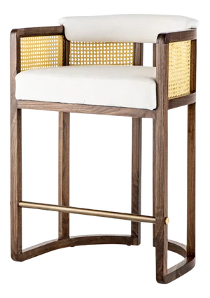 Livingston Walnut and Rattan and Linen Barstool by Egg Designs