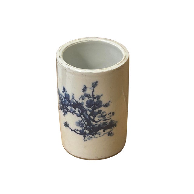 Blue Chinese Distressed White Porcelain Blue Blossom Flower Graphic Holder Vase For Sale - Image 8 of 10