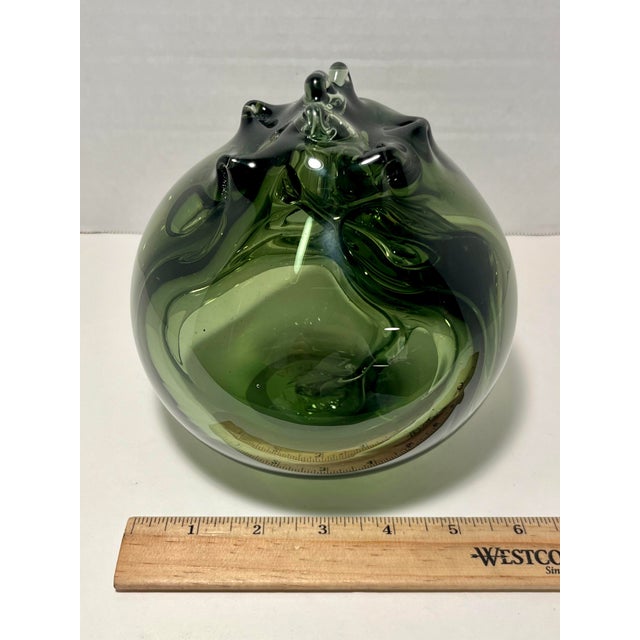 MCM Signed Robert C. Fritz Studio Art Glass Sculpture Olive Green Abstract 6”x6" For Sale In Los Angeles - Image 6 of 6