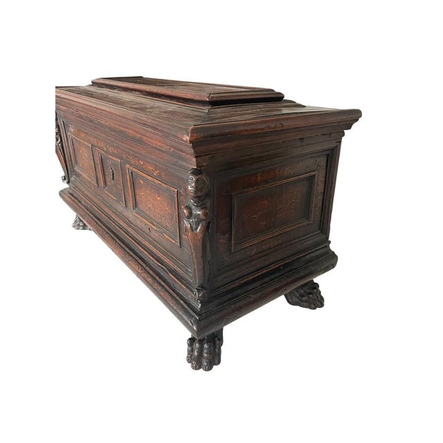 Small Italian Inlaid Walnut Cassone with Paw Feet, 1550-1580 For Sale - Image 3 of 8