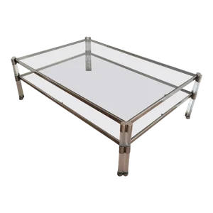 1970s Large Lucite and Chrome Coffee Table with 2 Glass Shelves