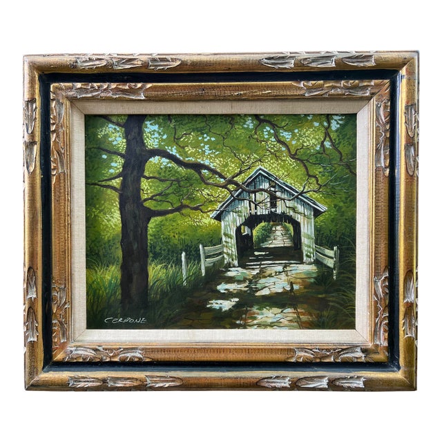 Late 20th Century Landscape Oil Painting, Covered Bridge Forest, Contemporary by Cerbone, Framed Carved Wood Linen Mat For Sale