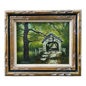 Late 20th Century Landscape Oil Painting, Covered Bridge Forest, Contemporary by Cerbone, Framed Carved Wood Linen Mat
