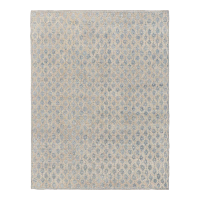 Rug & Kilim’s Modern Block Print Rug in White with Blue Floral Patterns - 5x7 For Sale