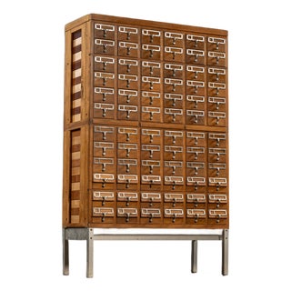 Massive Vintage 72-Drawer Oak Library Card Catalog on Steel Base For Sale